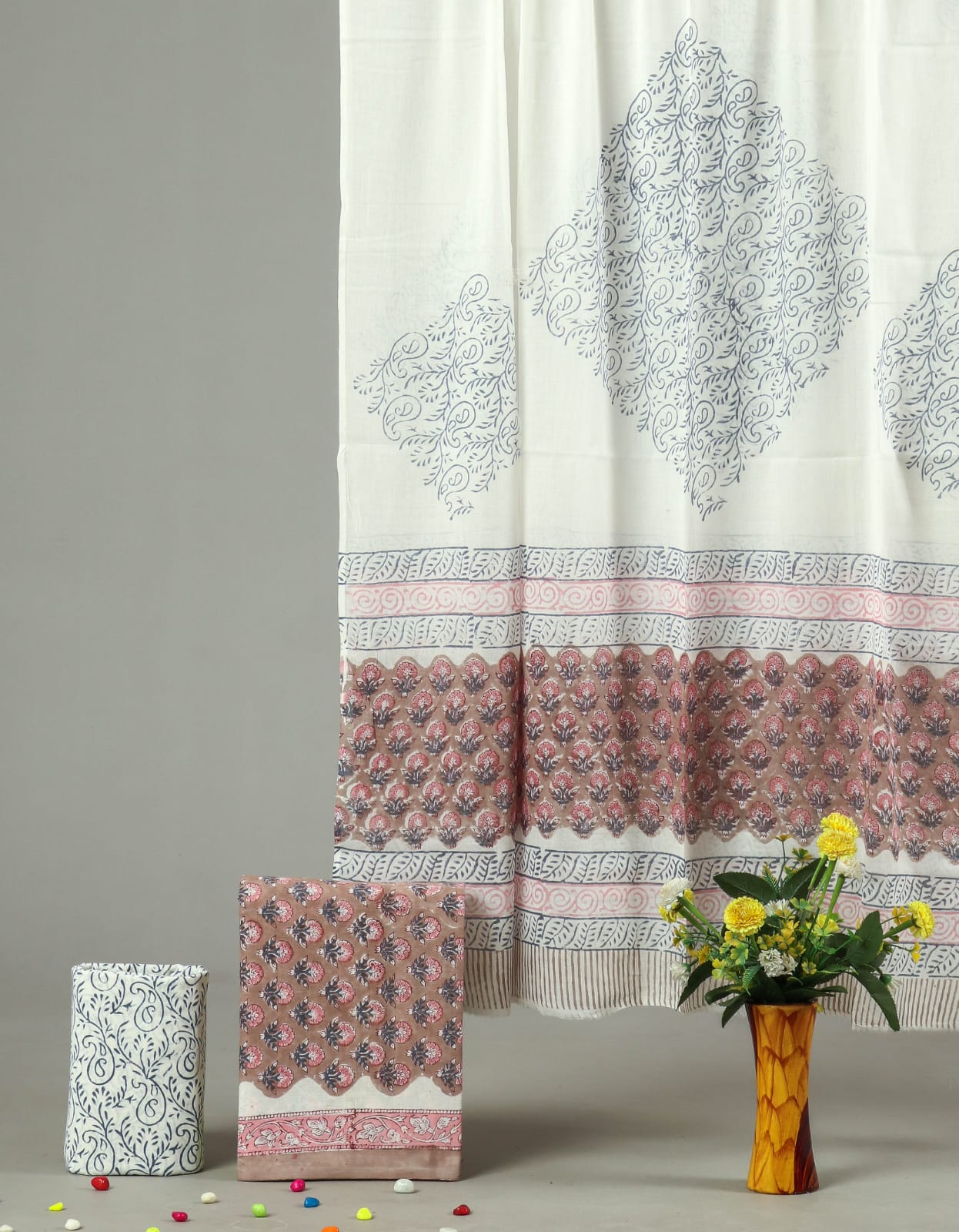 Beige Ethnic Printed Cotton Suit Set with Traditional Border | Unstitched (MVCOT72)
