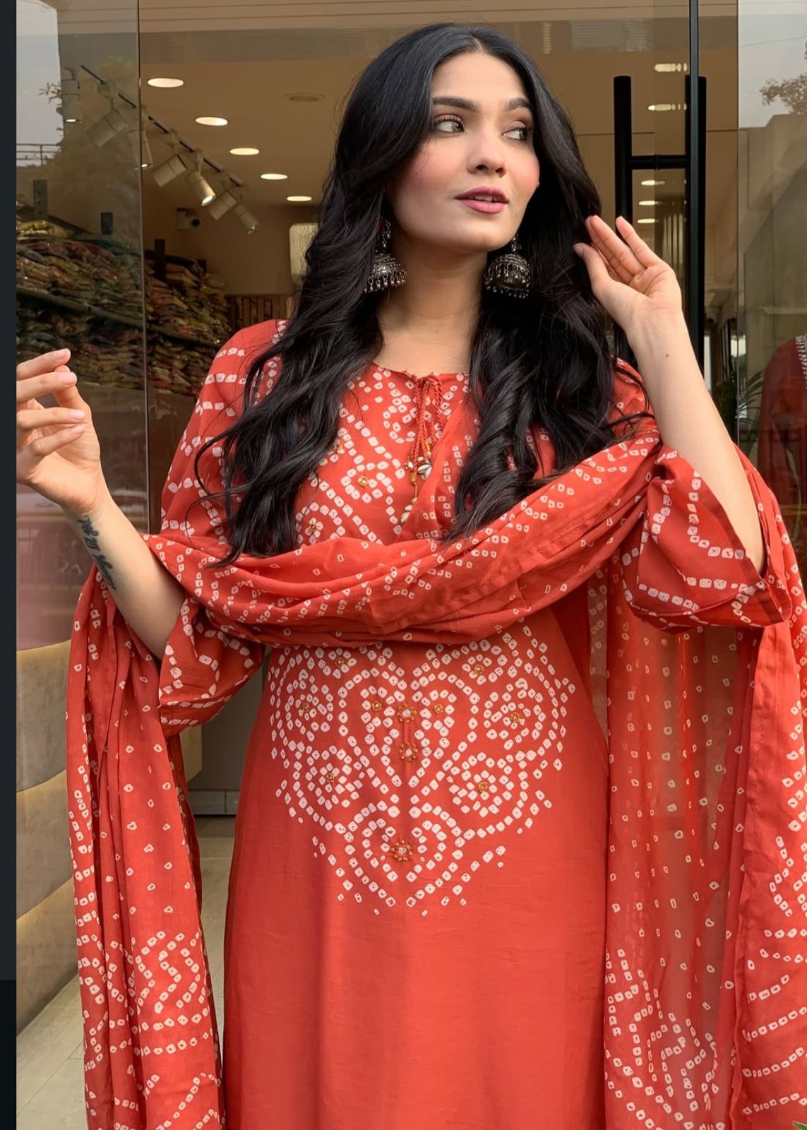 Orange Cotton Bandhani Kurti Set for Women | Kurta Pant Dupatta Set