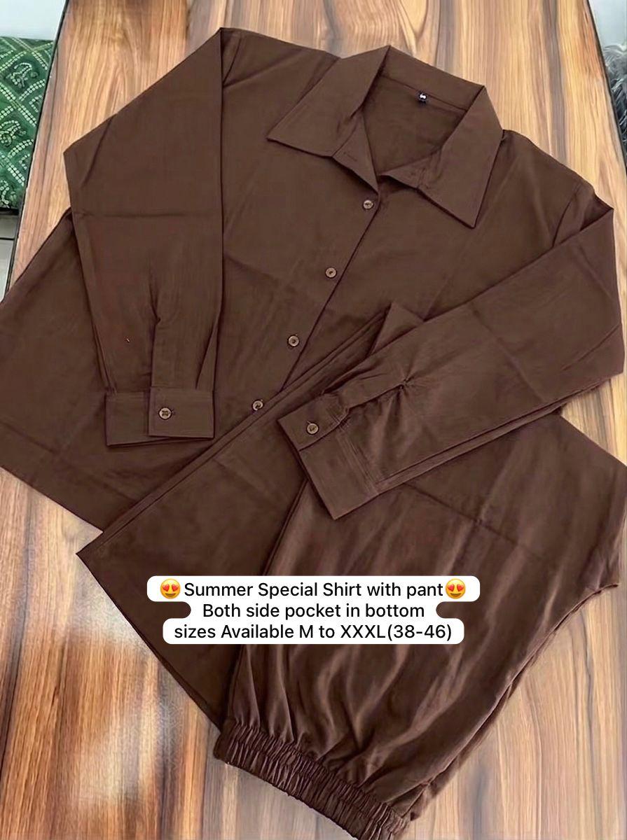 Choco Brown Pure Cotton Coord Set | Shirt & Wide Leg Pant