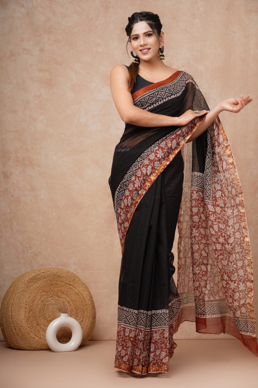 Black Kota Doriya Saree | Bagru Floral Printed Pallu & Border (MVKS58)