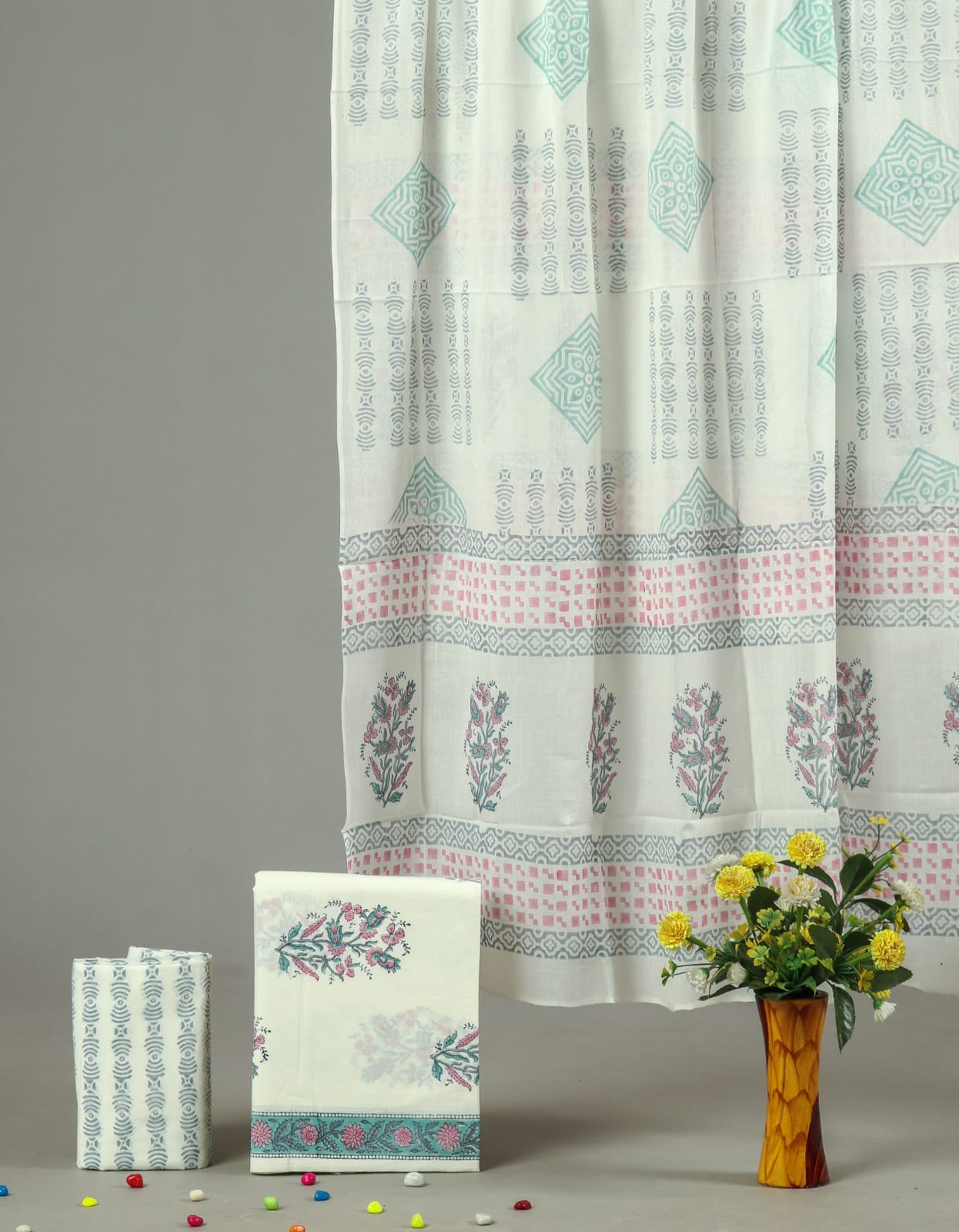 Mint Green Hand Block Print Cotton Suit Set | Elegant Pink Pattern Design (MVCOT02)