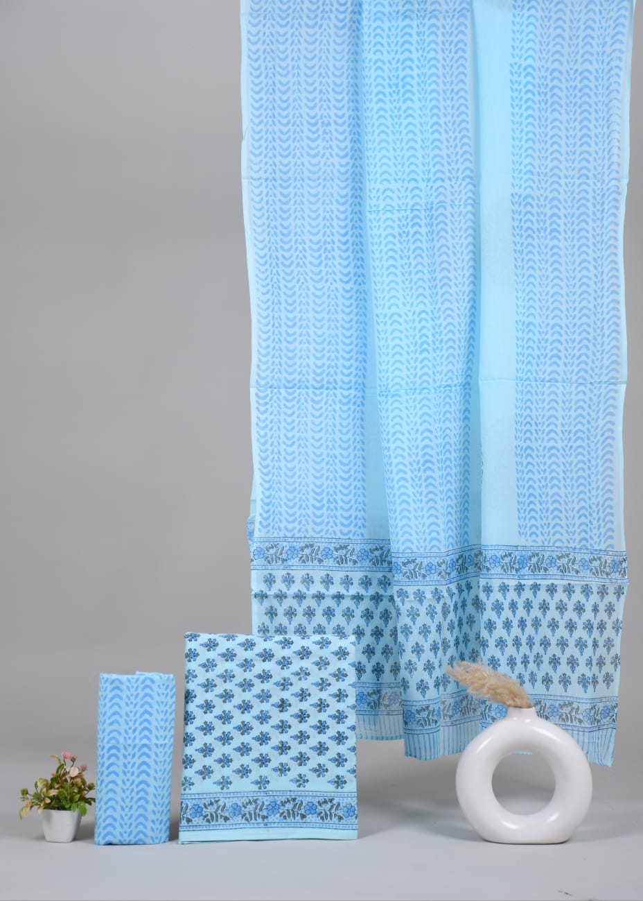 Sky Blue Hand Block Print Cotton Suit Set | Elegant Daily Wear (MVCOT09)