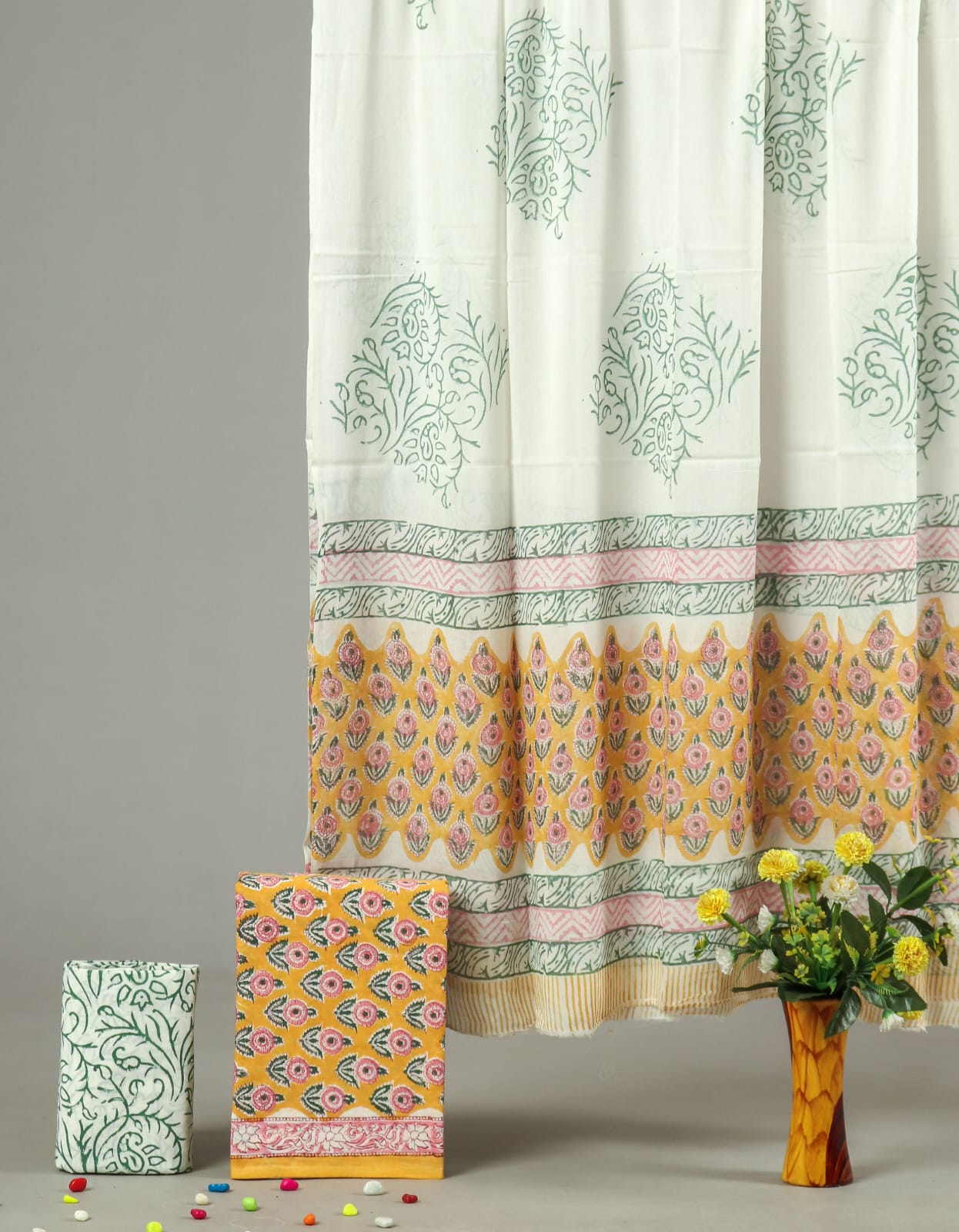 Cream Yellow Floral Hand Block Printed Cotton Suit Set for Women (MVCOT17)