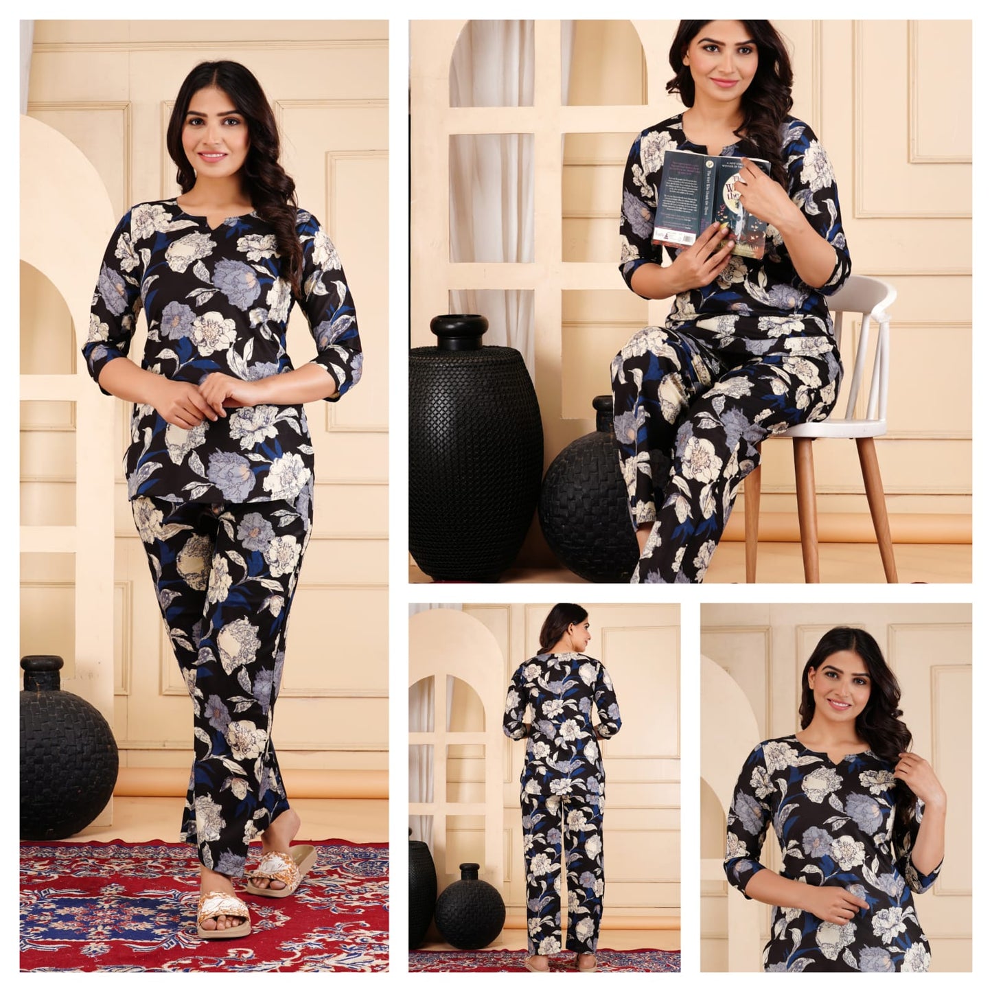 Black Floral Cotton Night Suit for Women (MVNS18)