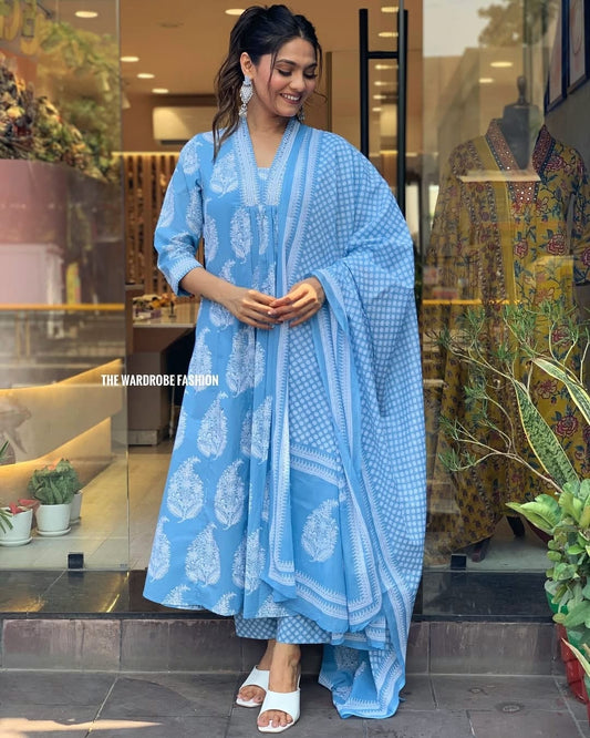 Blue Cotton Printed Kurti Palazzo Set with Malmal Dupatta for Women