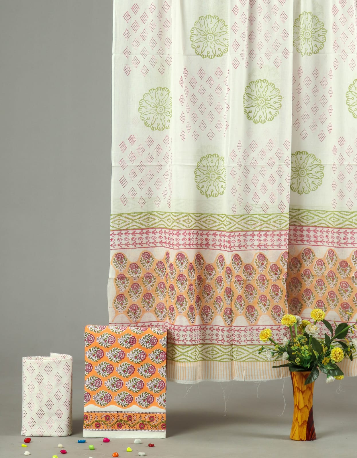 Off White Hand Block Printed Cotton Unstitched Suit Set (MVCOT30)