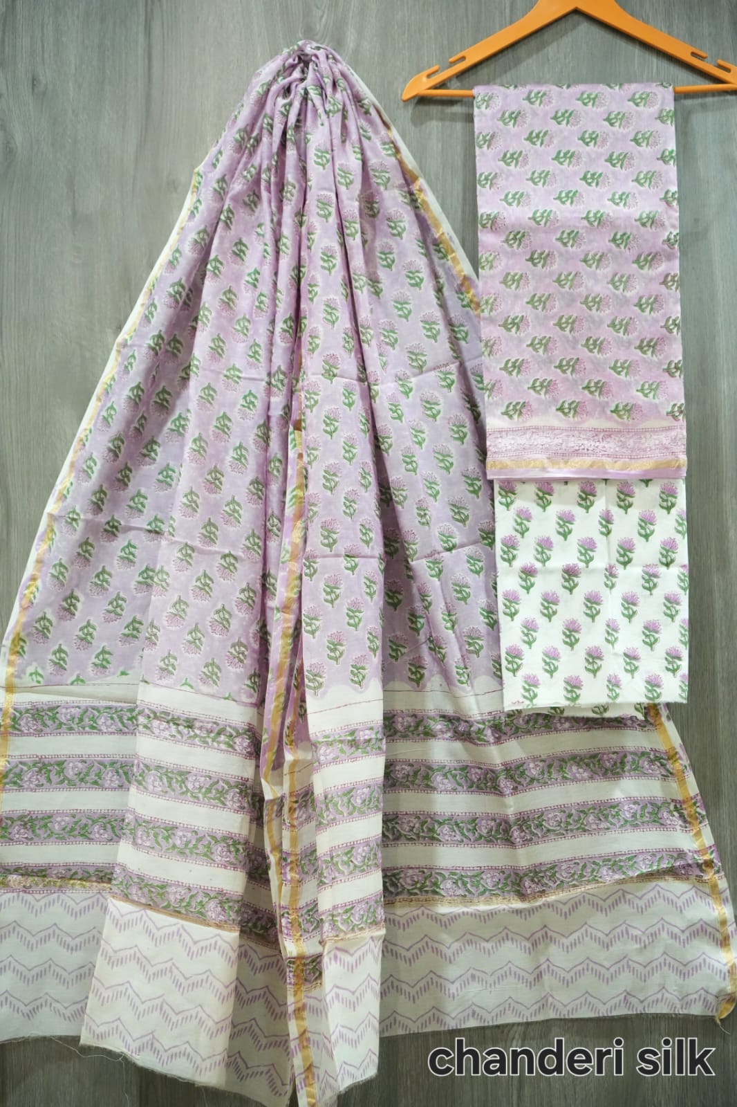 Lavender & Green Floral Butti Hand Block Print Chanderi Silk Dress Material (MVCHS30)
