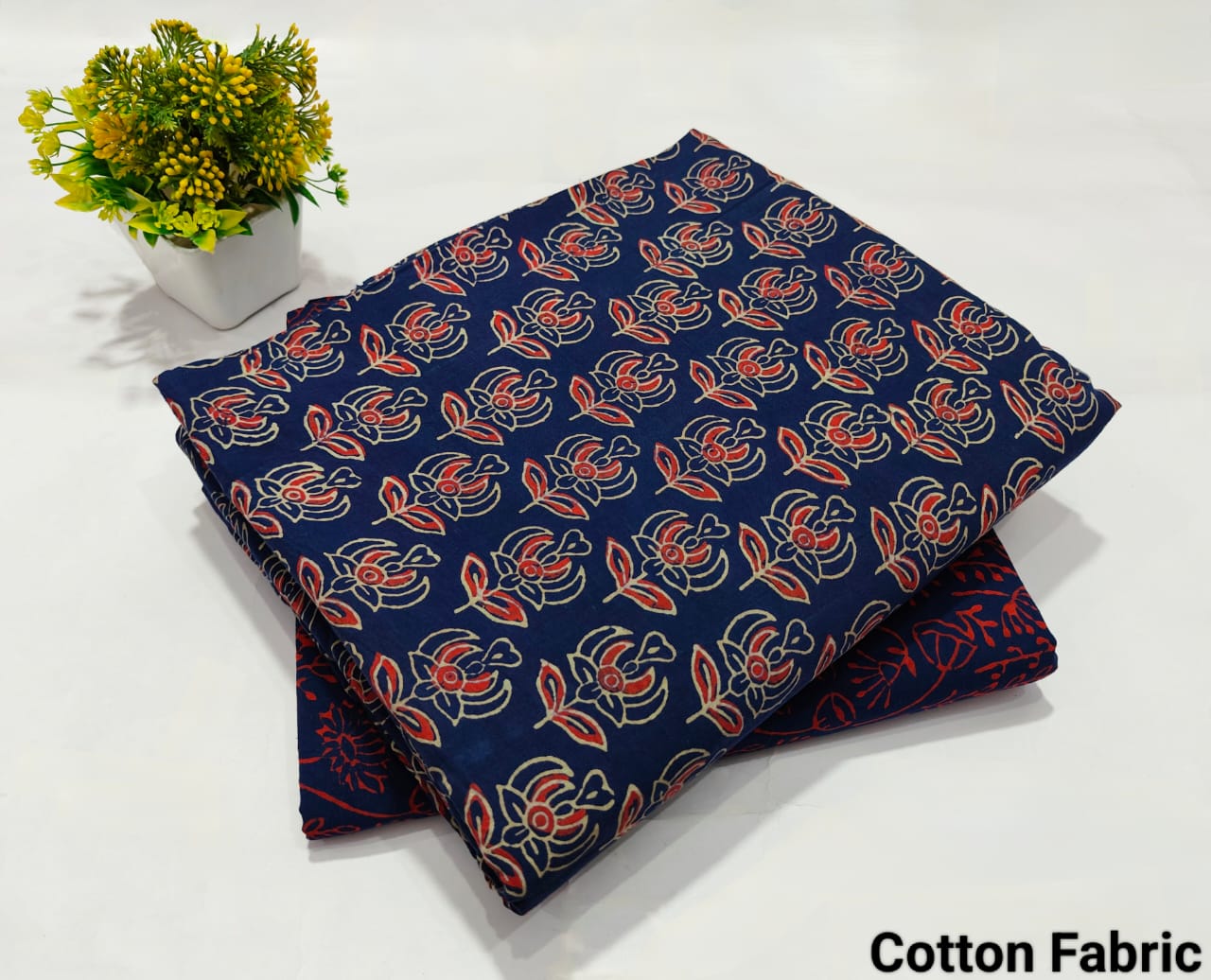 Navy Blue Floral Cotton Fabric with Red Print (MVTB107)