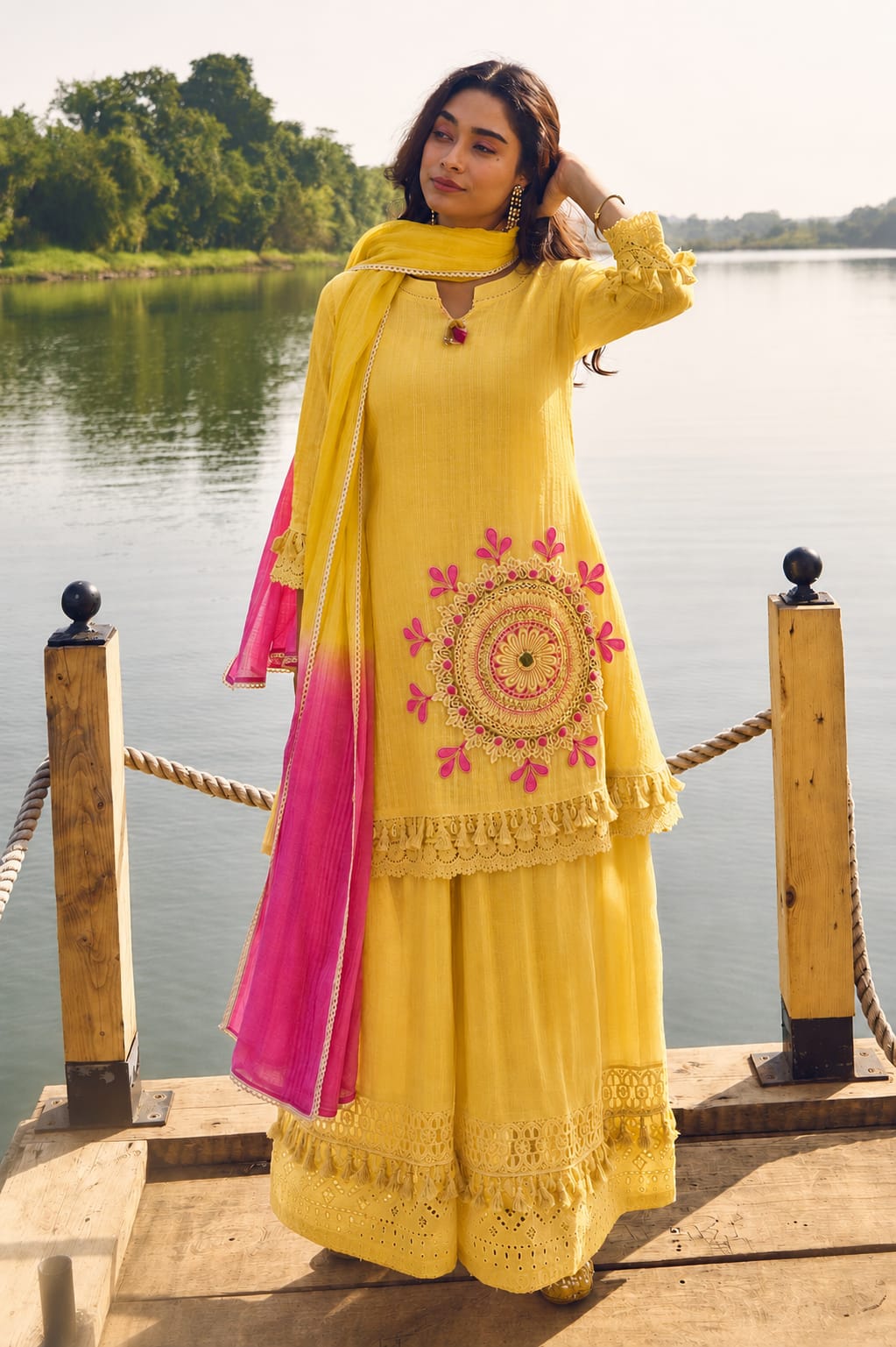 Yellow Embroidered Sharara Suit for Women | Pure Cotton Shifli Lino Kurta Set with Lahariya Tie-Dye Dupatta