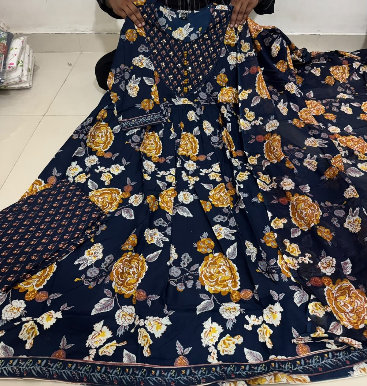 Navy Blue Floral Print Anarkali Kurta Pant Dupatta Set