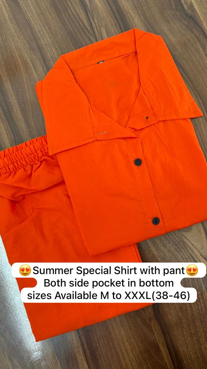 Rust Orange Pure Cotton Coord Set | Shirt & Wide Leg Pant