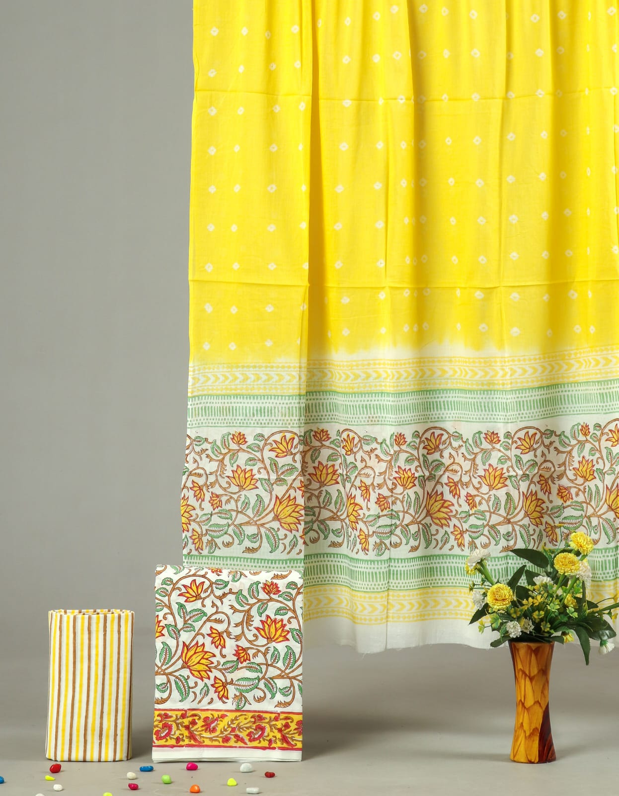 Yellow Cotton Unstitched Suit Set with Floral Border Dupatta (MVCOT29)