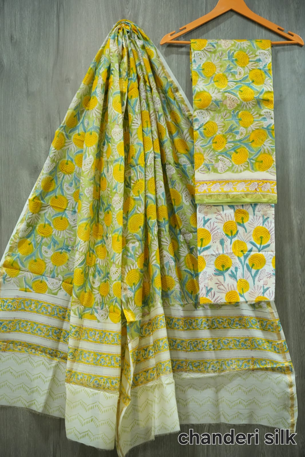 Bright Yellow & Green Genda Phool Hand Block Print Chanderi Silk Dress Material (MVCHS32)