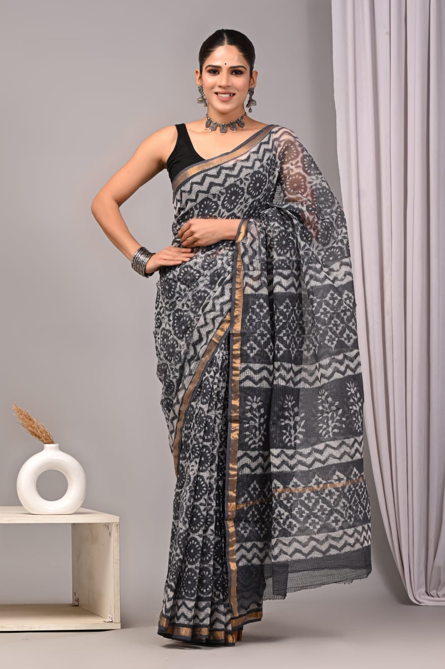 Black White Kota Doriya Saree | Dabu Hand Block Print | Traditional Ethnic Wear (MVKS44)