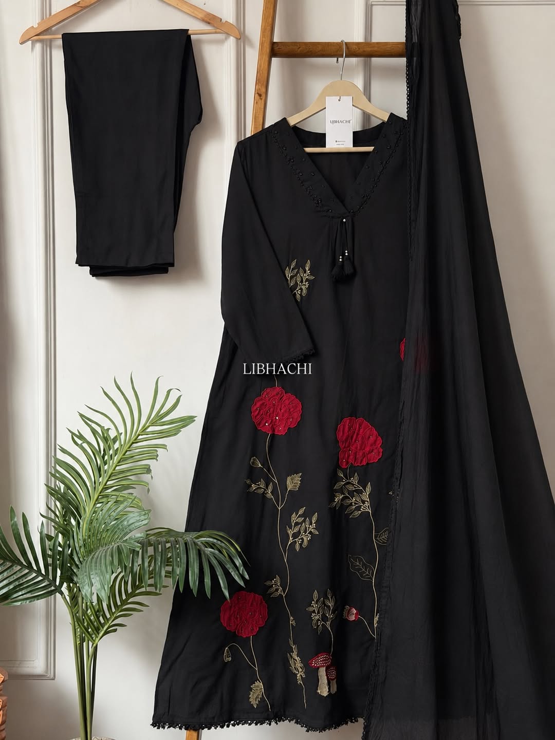 Black Cotton A-Line Kurta Set with Red Floral Hand Embroidery & Mulmul Dupatta