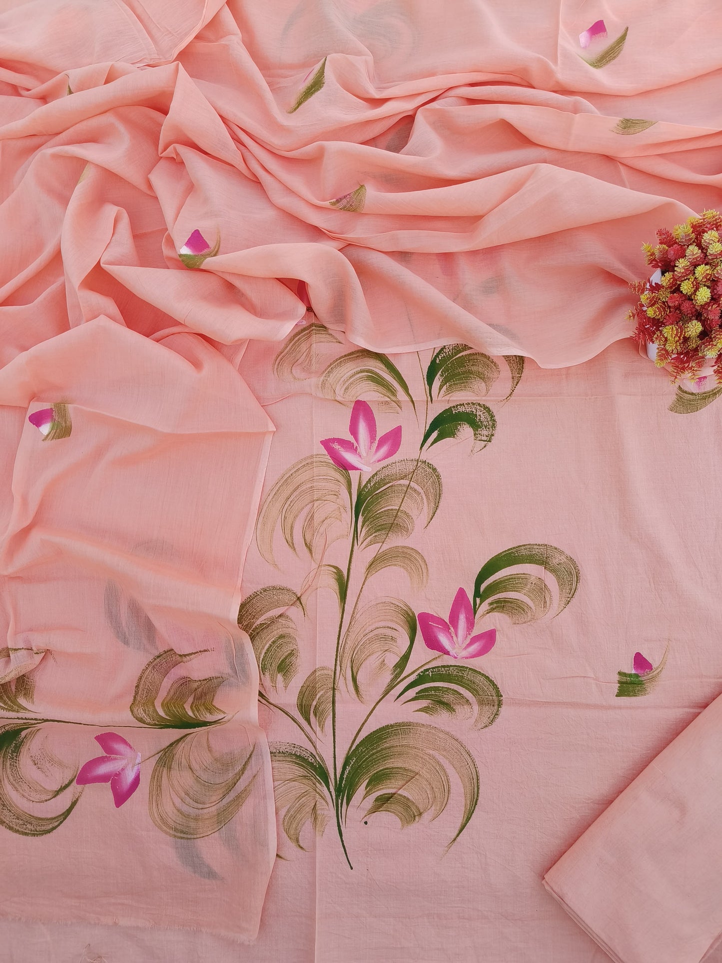 Peach Floral Printed Soft Cotton Suit Set | Lightweight Summer Ethnic Wear (MVCOT69)
