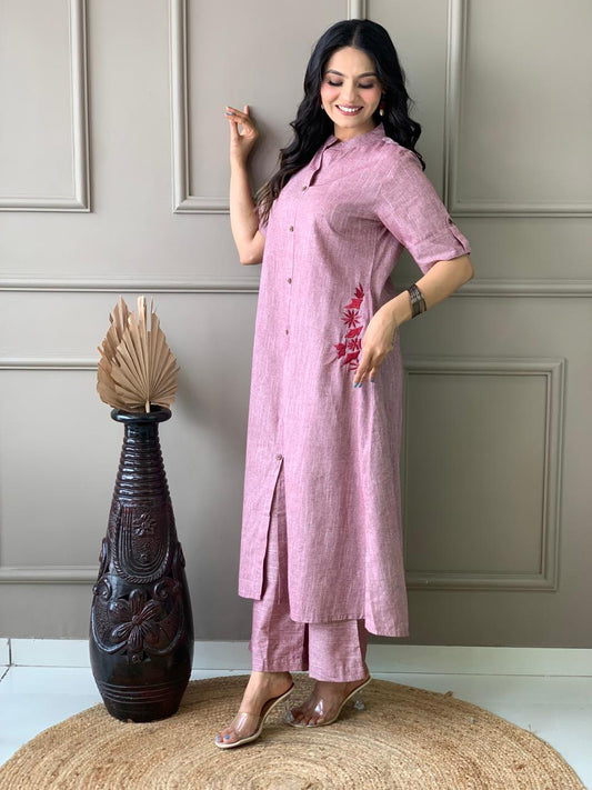 Stylish Pink South Cotton Kurta Set with Hand Embroidery | A-Line Cotton Plazo Set for Women