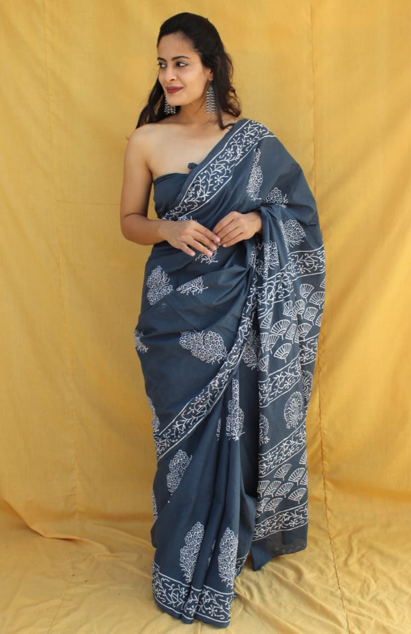 Charcoal Grey Hand Block Printed Cotton Saree with Blouse (MVCS63)