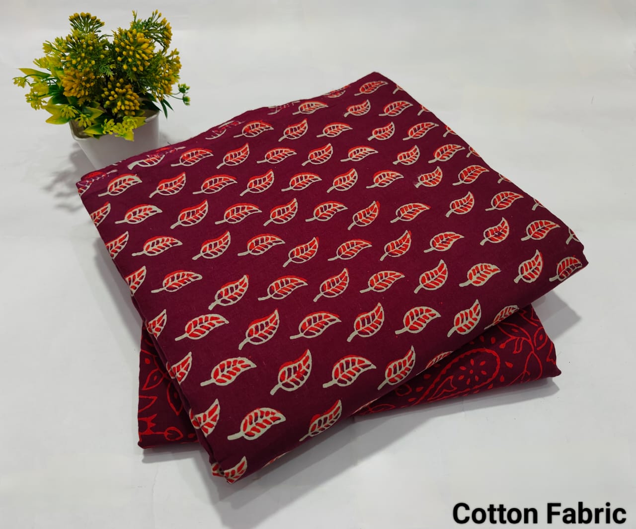 Wine Color Leaf Printed Cotton Fabric – Soft Kurti Dress Material(MVTB103)
