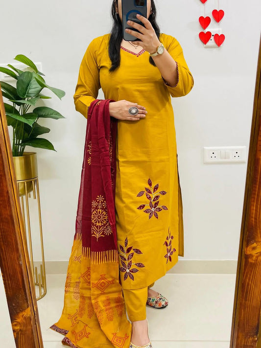 Mustard Cotton Kurti Pant Set with Maroon Dupatta