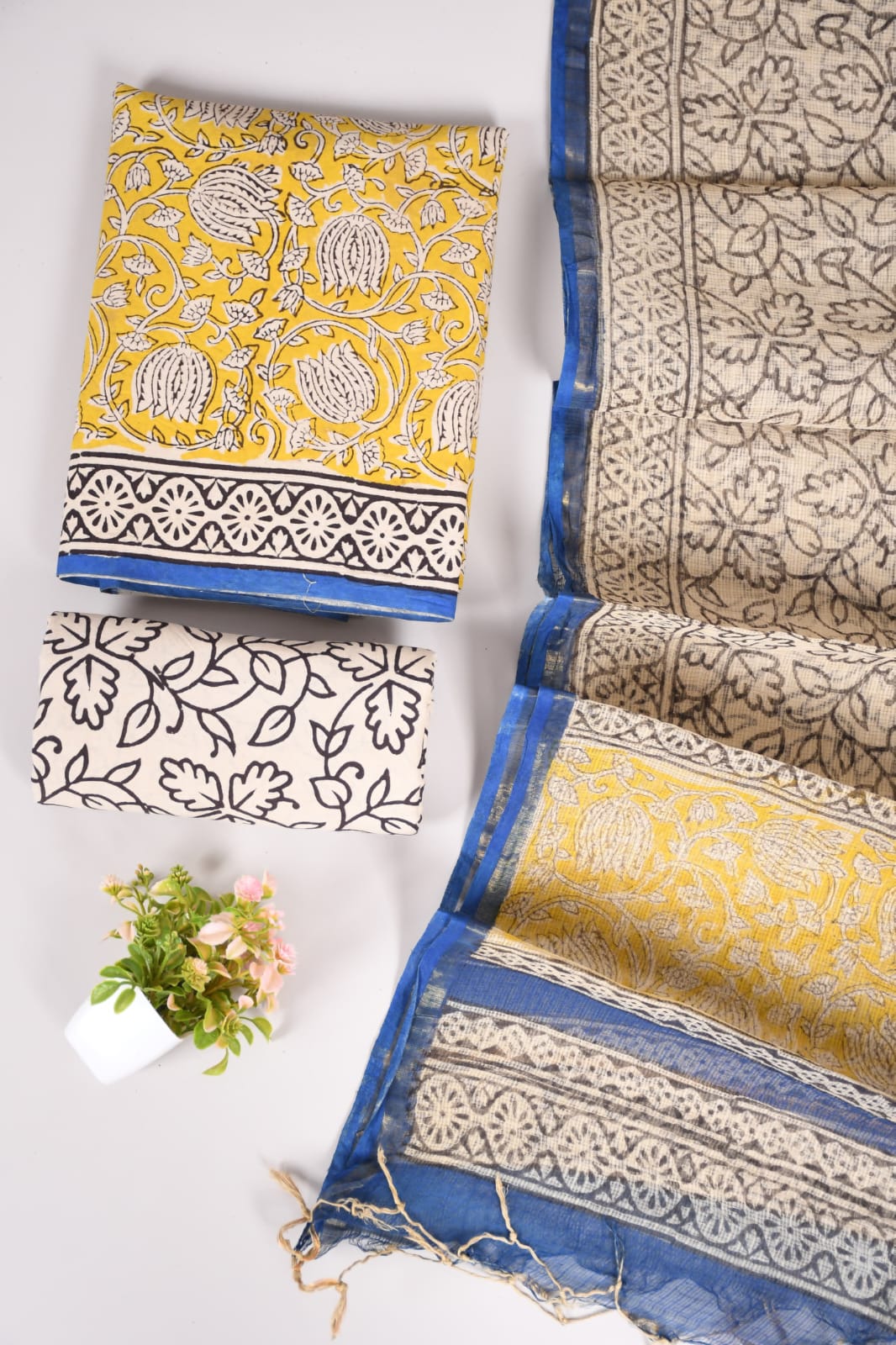 Yellow Mughal Tulip & Cream Leaf Hand Block Printed Cotton Suit with Blue Kota Doria Dupatta | Traditional Bagru Print (MVCOTKD01)