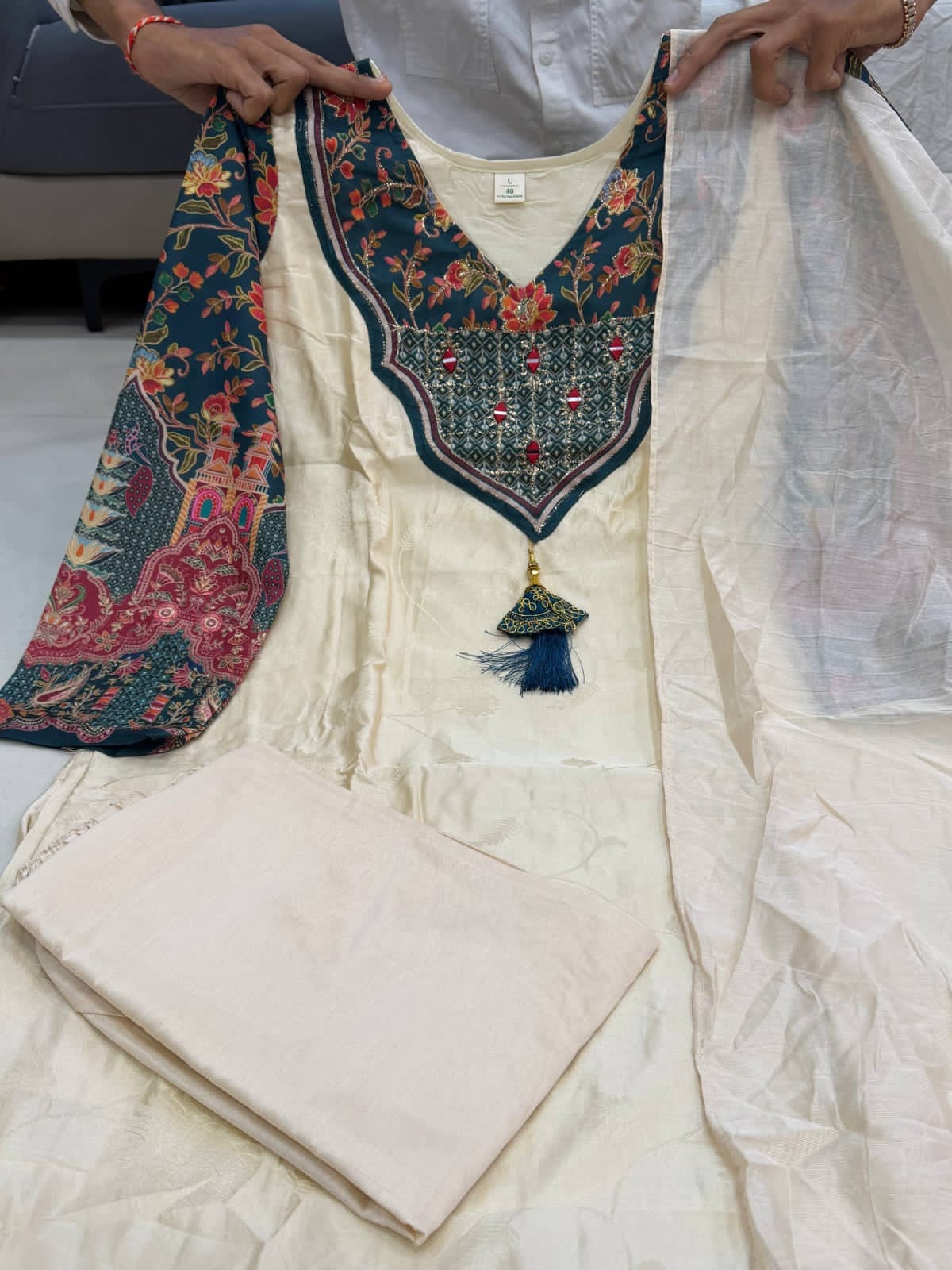 Ivory Cream Kurti Set with Ajrak Print Sleeves & Organza Dupatta