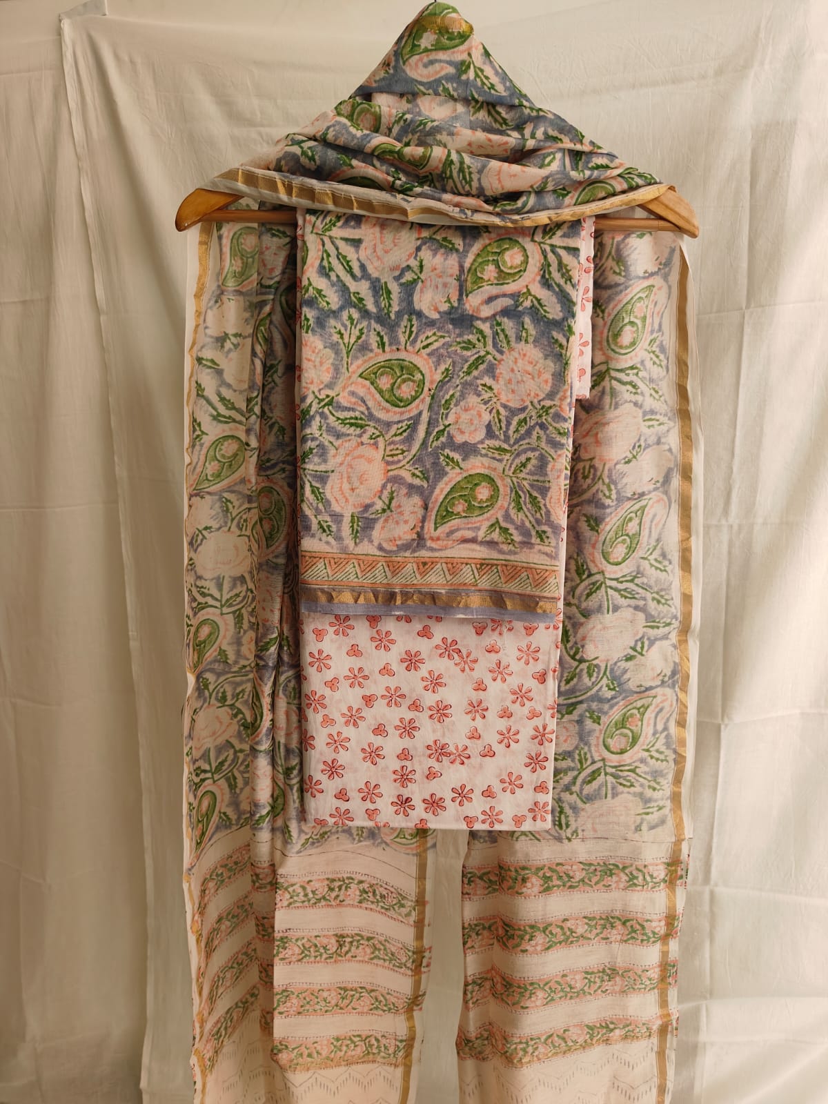 Grey Blue & Peach Paisley Hand Block Print Chanderi Silk Dress Material (MVCHS08)