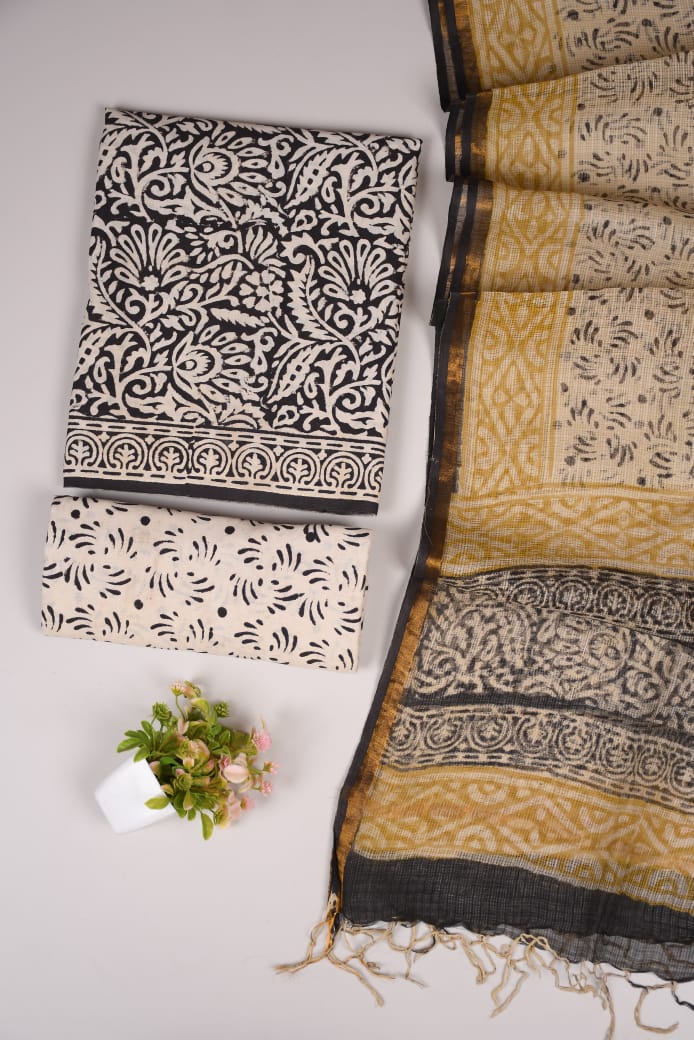 Black & Cream Hand Block Printed Floral Jaal Cotton Suit with Kota Doria Dupatta (MVCOTKD11)