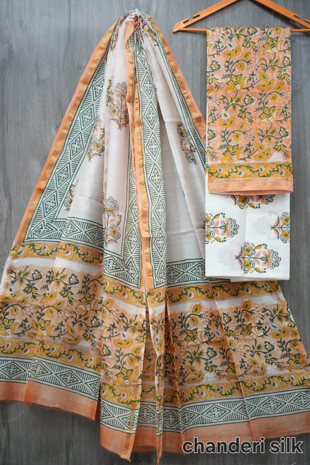 Peach & Green Floral Jaal Hand Block Print Chanderi Silk Dress Material (MVCHS29)