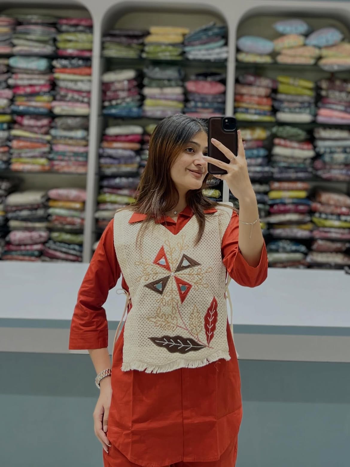 Rust Orange Co-ord Set for Women | Cotton Shirt & Pants with Embroidered Shifli Jacket