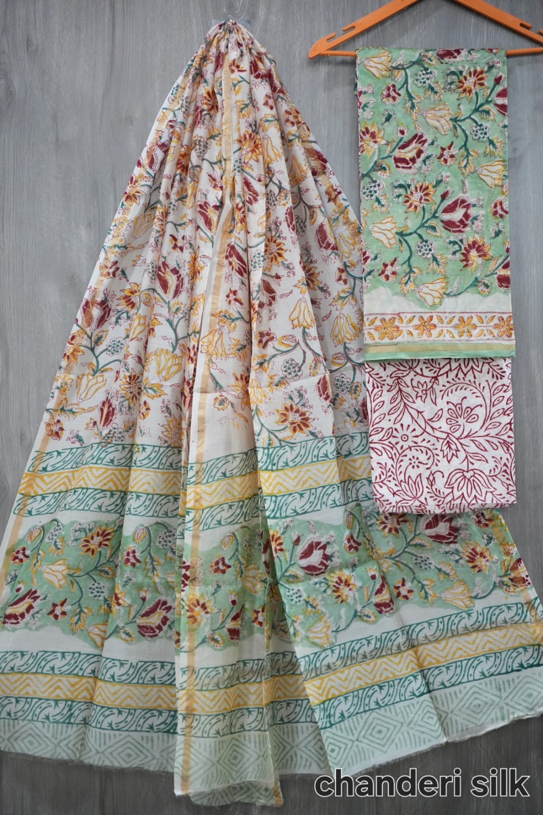 Mint Green & Maroon Hand Block Print Chanderi Silk Dress Material (MVCHS06)