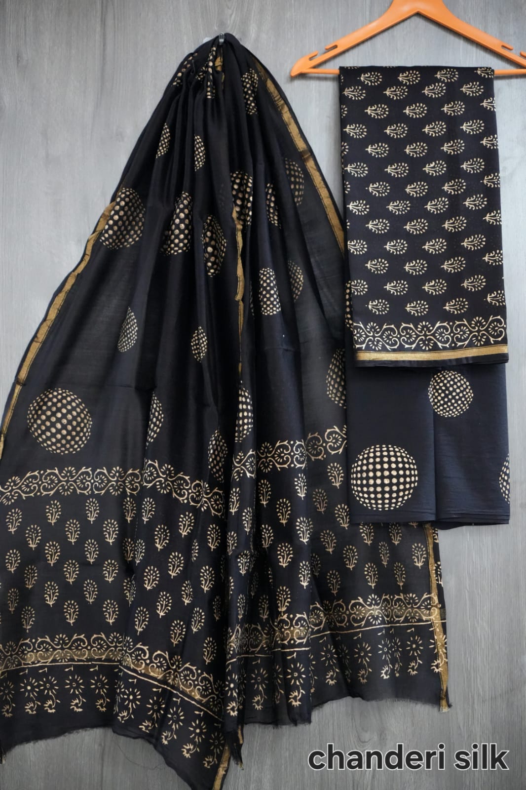 Black & Gold Circle Motif Hand Block Print Chanderi Silk Dress Material | (MVCHS27)