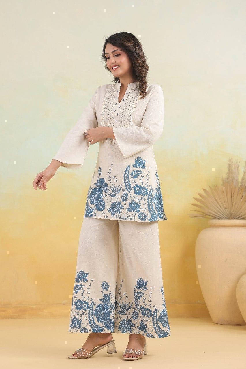 White Cotton Kurti Palazzo Set with Blue Print | Elegant Summer Co-ord Set for Women