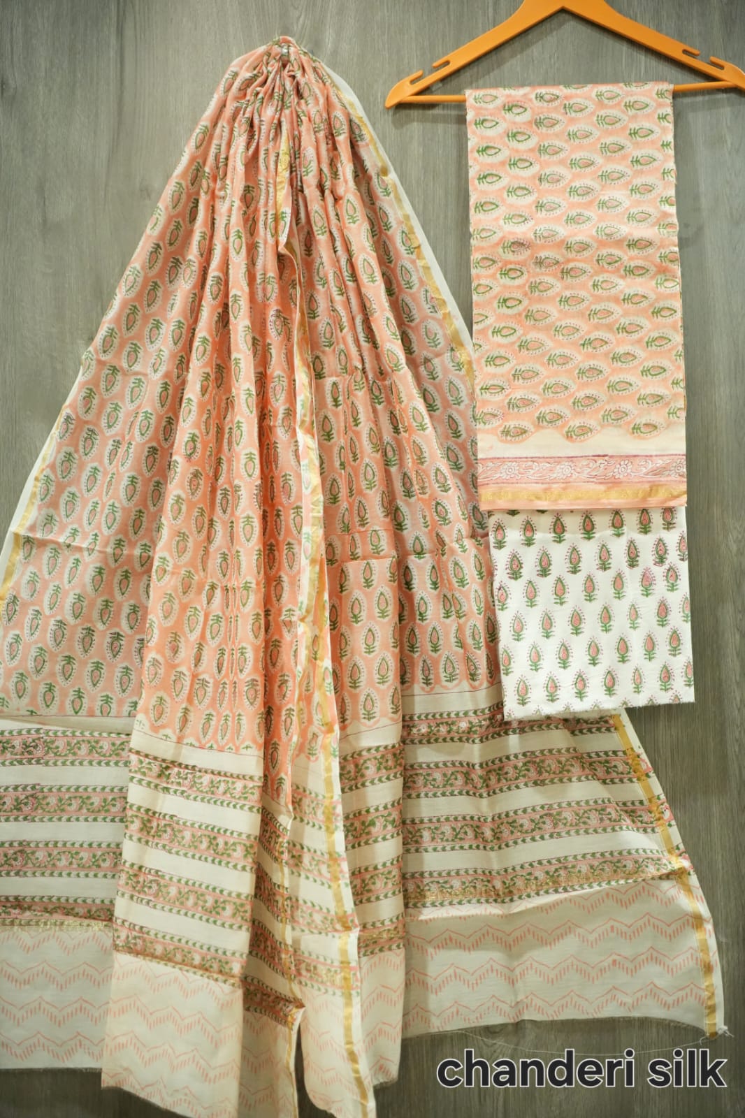 Peach & Green Mango Leaf Butti Hand Block Print Chanderi Silk Dress Material (MVCHS36)