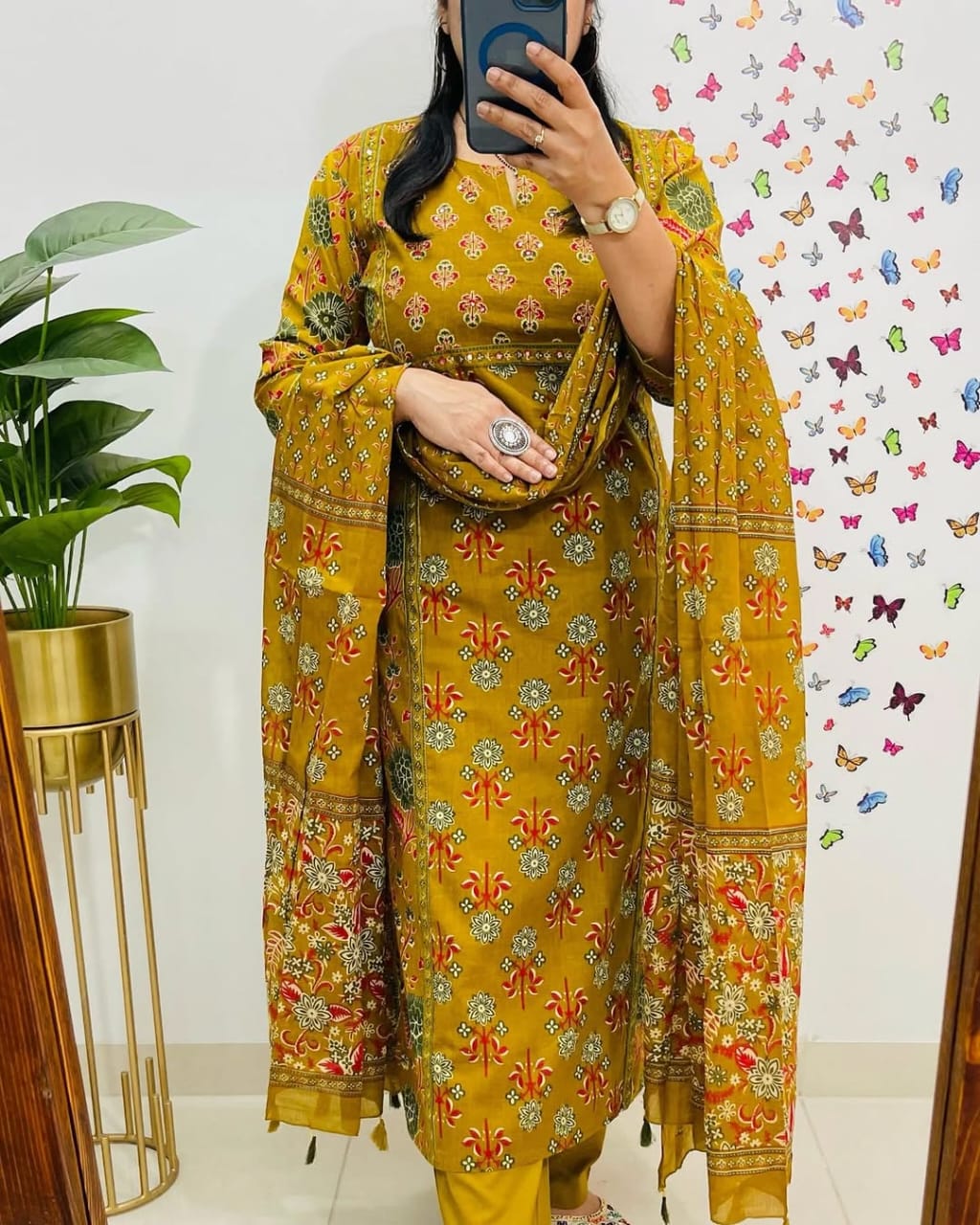 Mustard Yellow Cotton Kurti Pant Dupatta Set