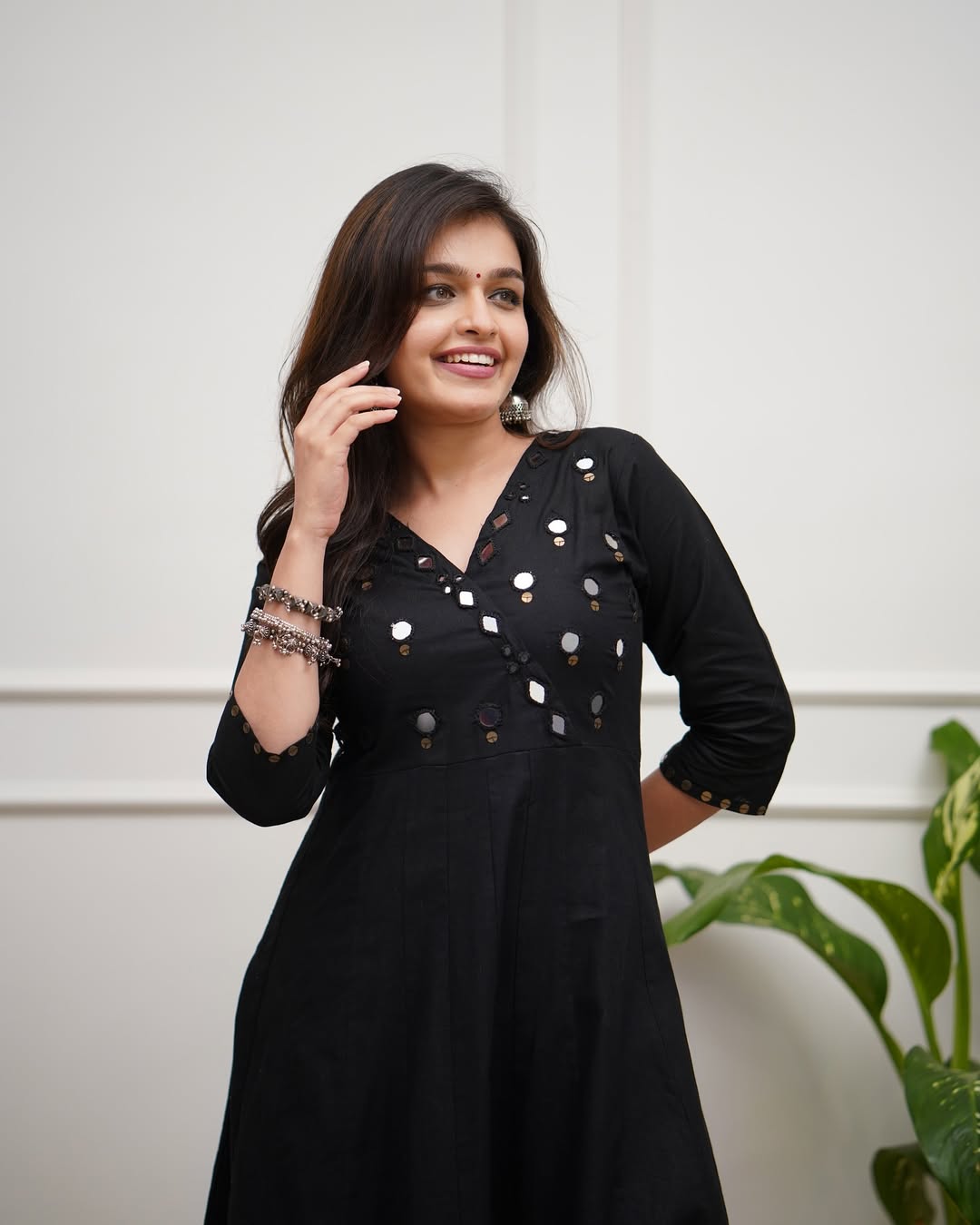 Black Cotton Kurti Pant Set with Mirror Work | Office Wear A-Line Kurta for Women