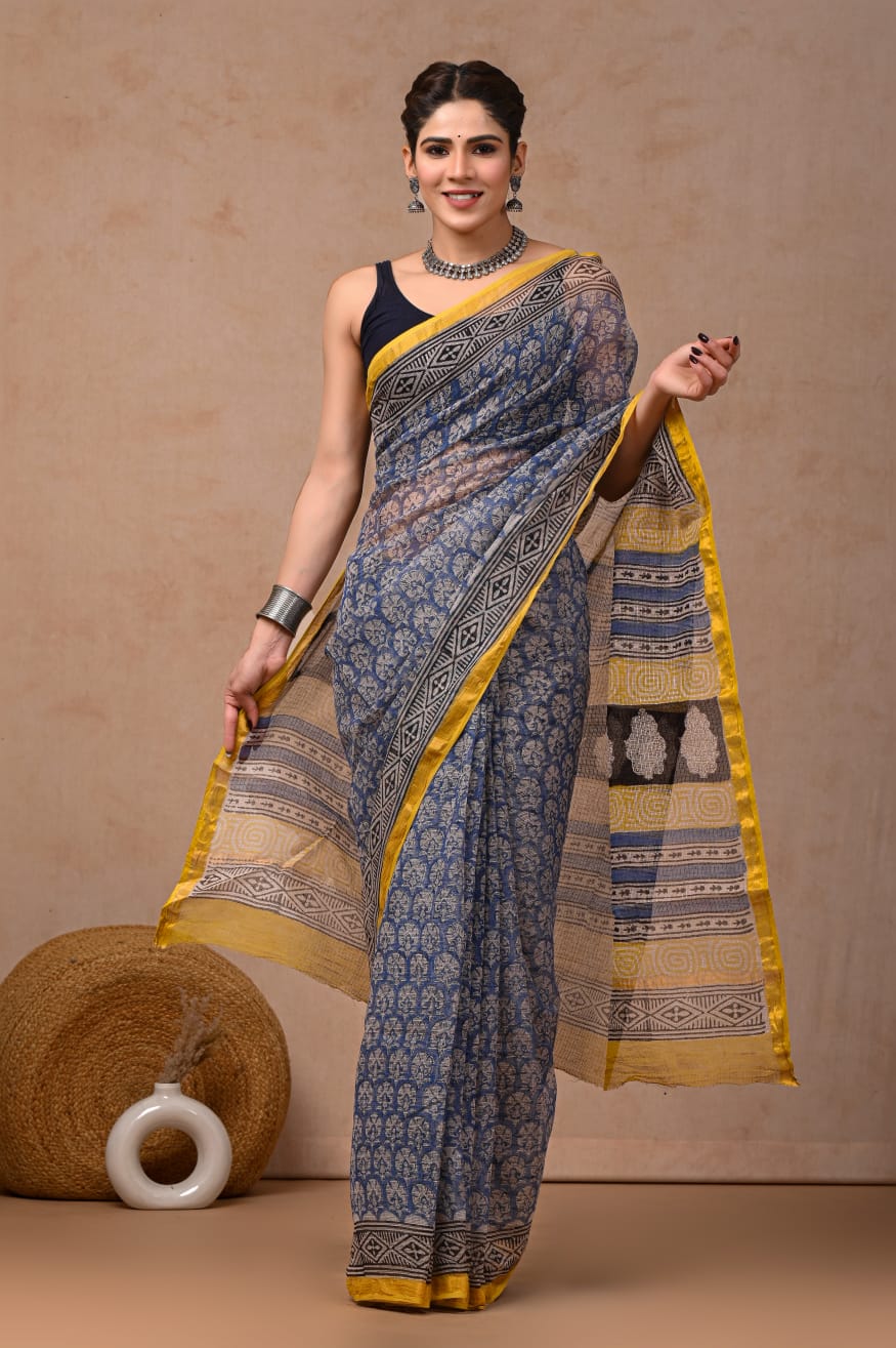 Steel Blue Kota Doriya Saree | Floral Jaal Hand Block Print | Mustard Yellow Zari Border (MVKS62)