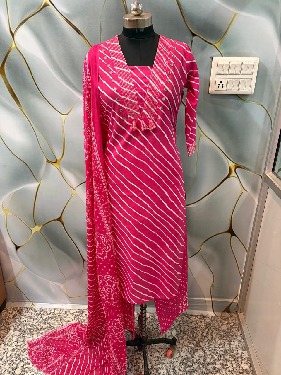 Rani Pink Lehariya Print Pure Cotton Suit Set |