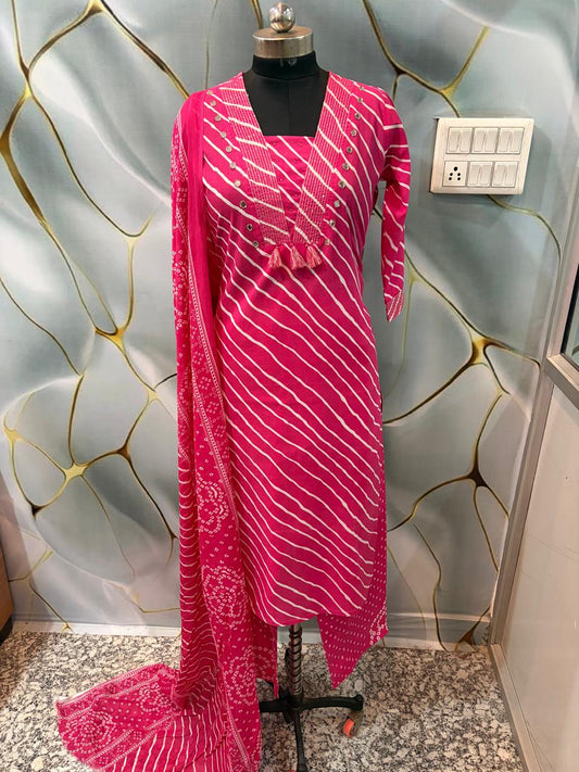 Rani Pink Lehariya Print Pure Cotton Suit Set |