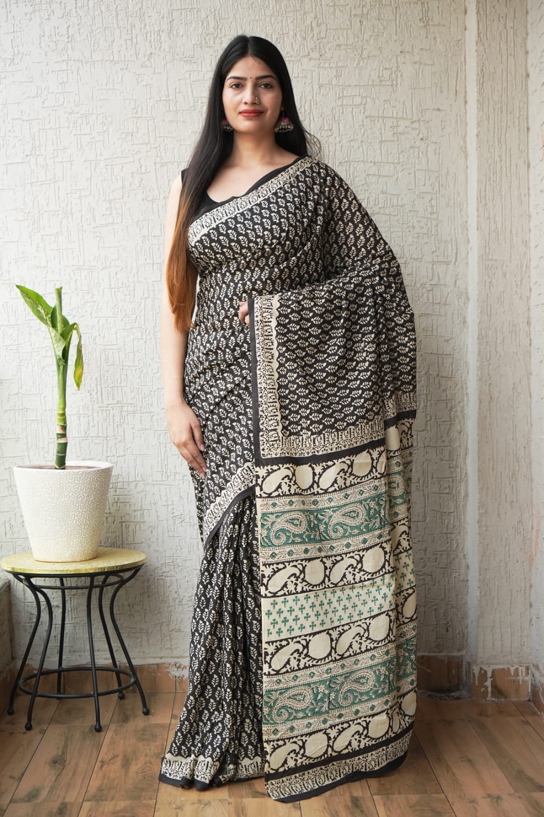 Black Hand Block Printed Cotton Saree with Blouse (MVCS72)