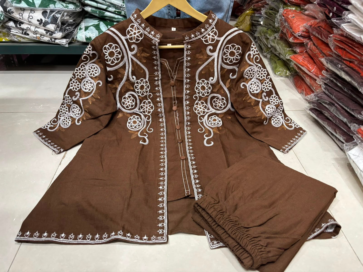 Brown Cotton Flex 3-Piece Embroidered Jacket Set