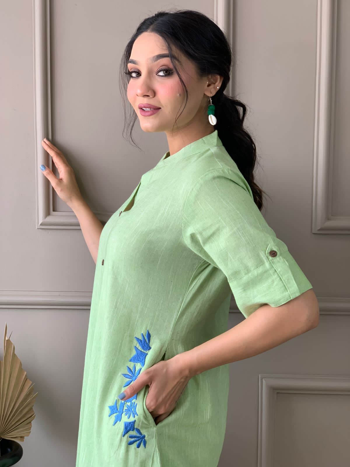 Elegant Light Green South Cotton Kurta Set | Hand Embroidered A-Line Cotton Kurta with Plazo