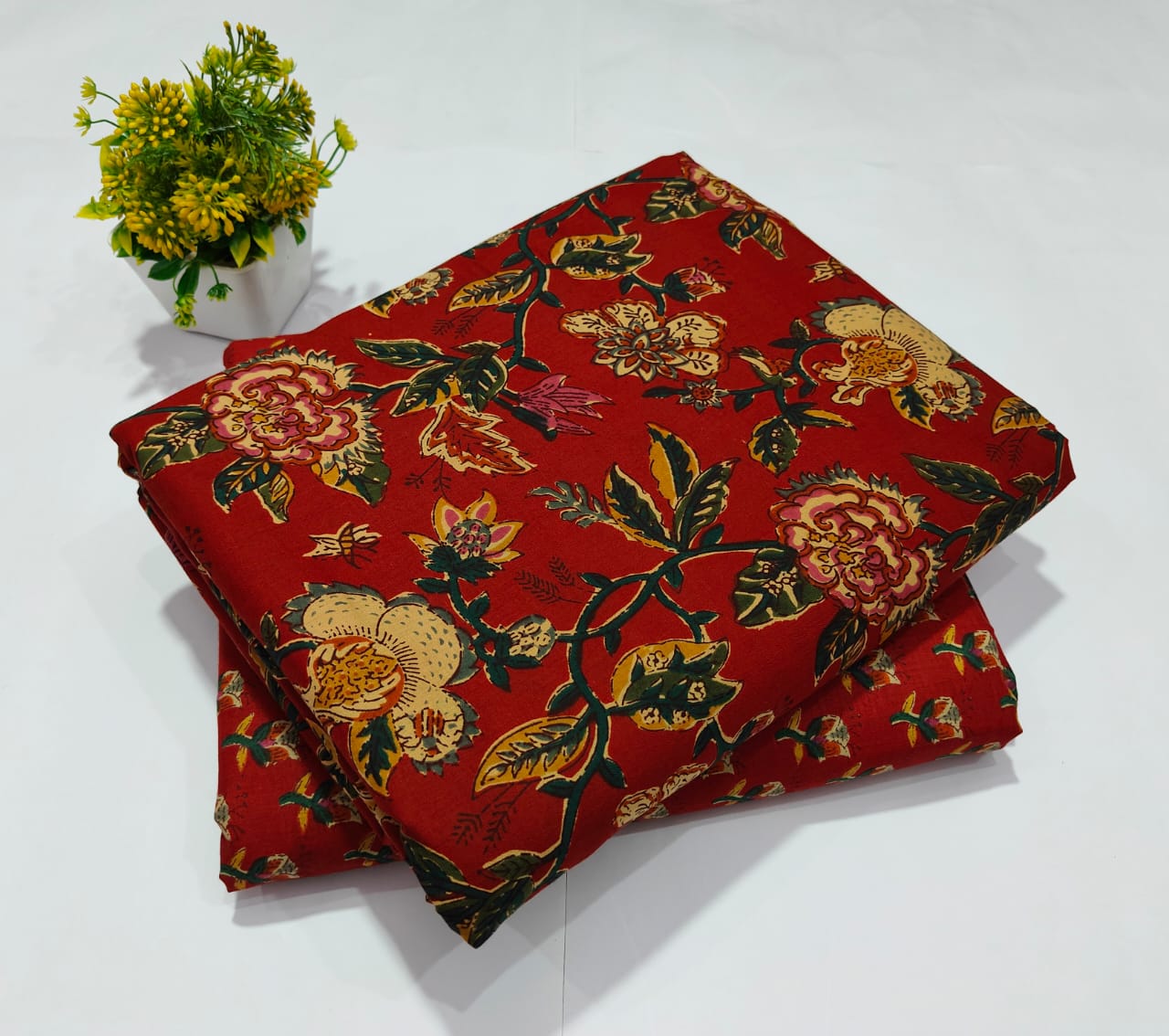 Red Designer Printed Top & Bottom Suit Set – Stylish Cotton Suit Material (MVTB19)