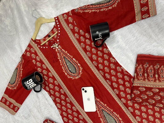 Maroon Cotton Printed Kurti Pant Dupatta Set
