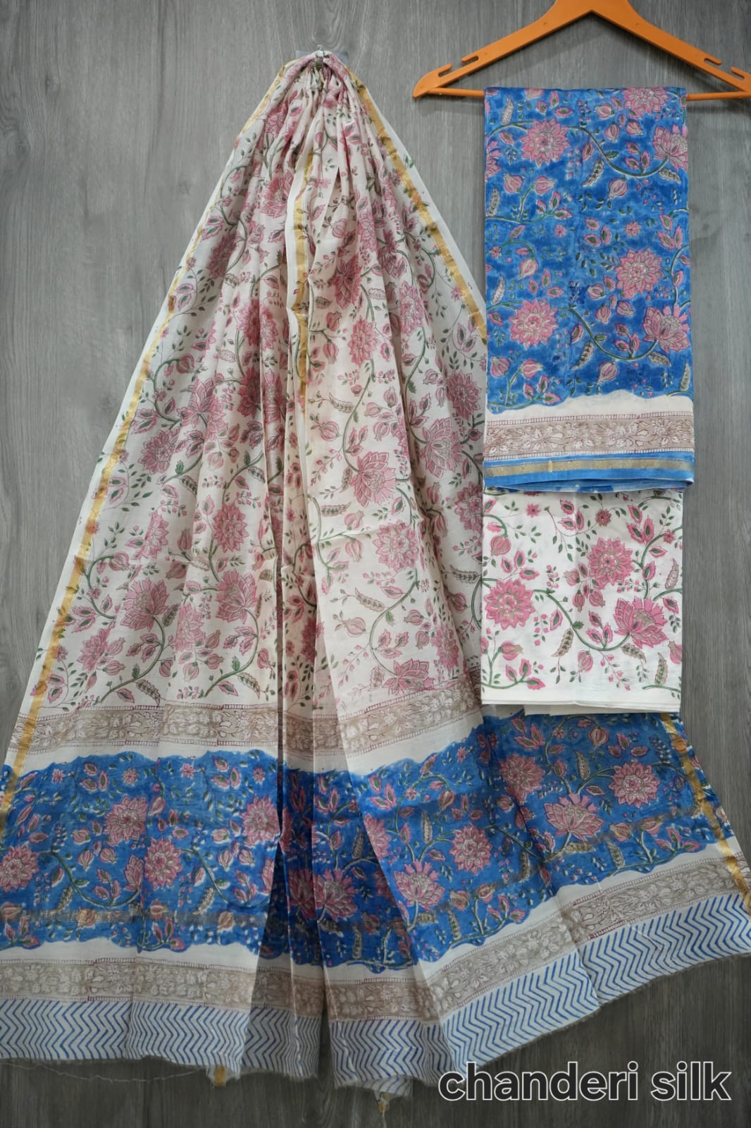 Sky Blue & Pink Lotus Floral Hand Block Print Chanderi Silk Dress Material (MVCHS12)