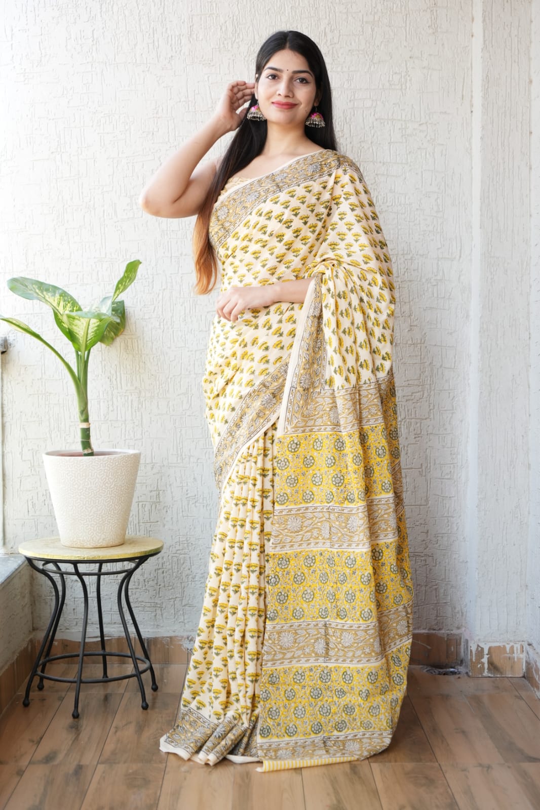 Yellow Hand Block Printed Cotton Saree with Blouse (MVCS58)