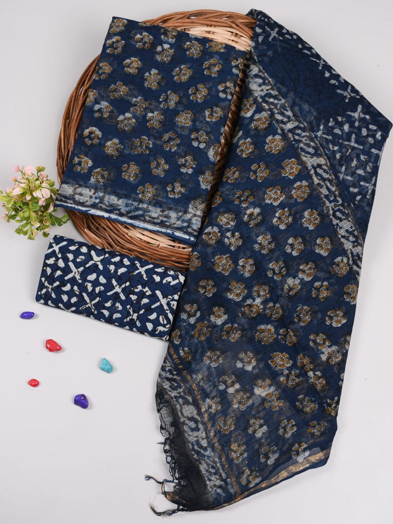 Indigo Blue Floral Printed kota doriya Suit Set (MVFKO07)