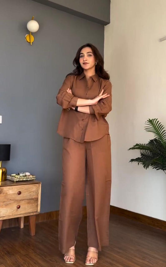 Choco Brown Pure Cotton Coord Set | Shirt & Wide Leg Pant