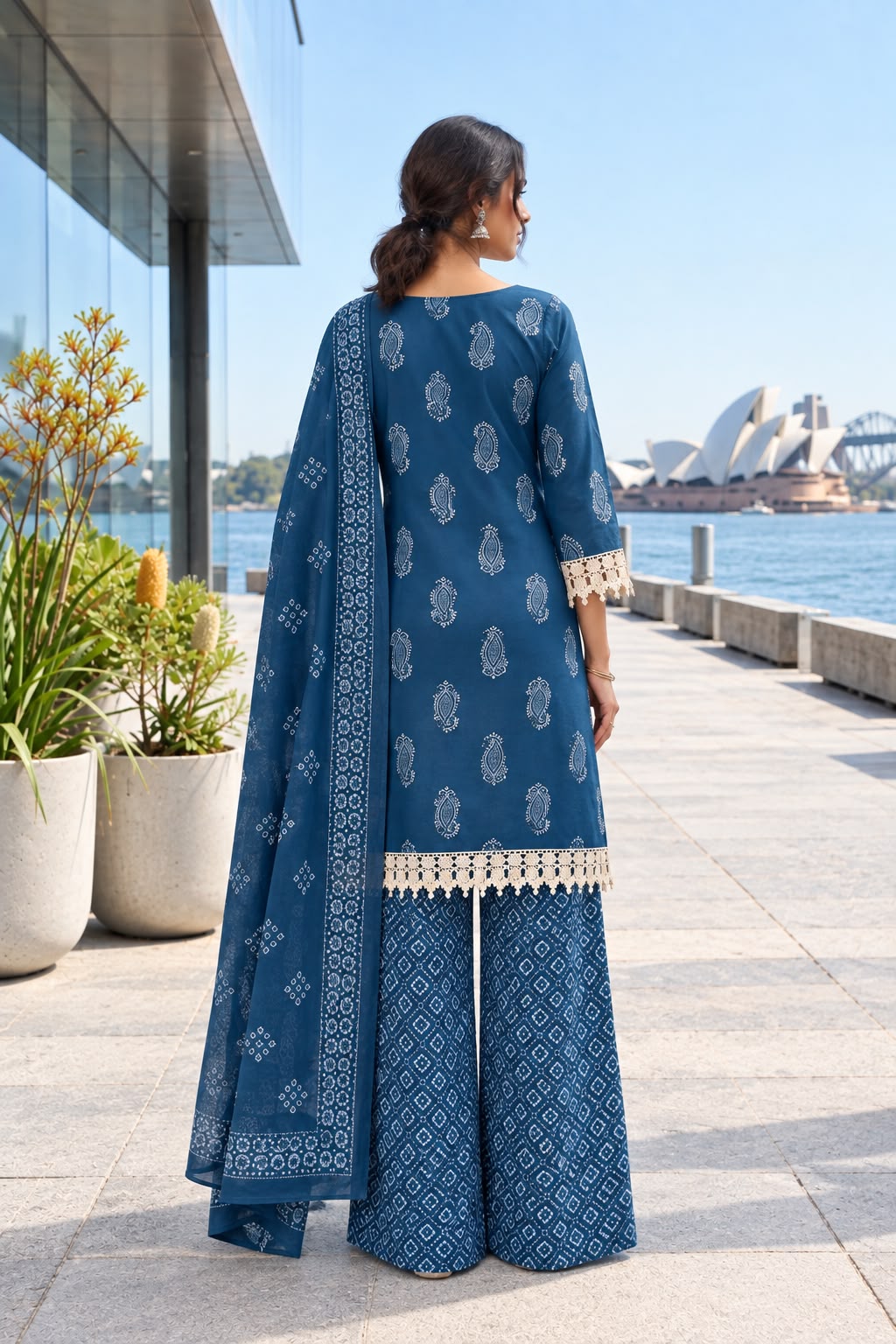 Teal Blue Printed Cotton Kurta Palazzo Set for Women