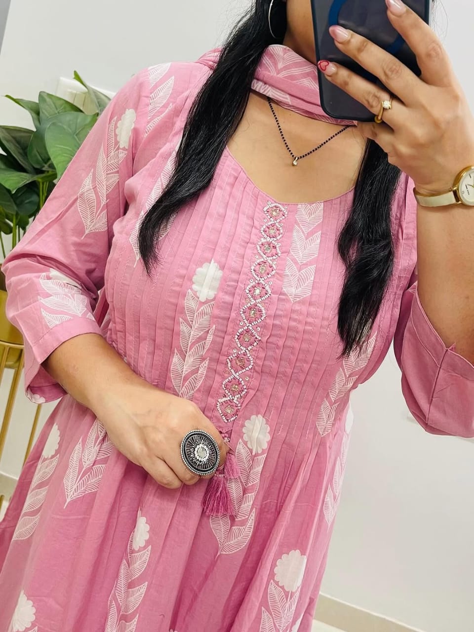 Stylish Pink Cotton Kurta Pant Set with Mulmul Dupatta